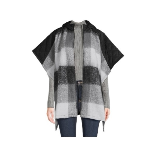 Time And Tru Black Plaid Hooded Zipper Poncho Sweater - Picture 3 of 11